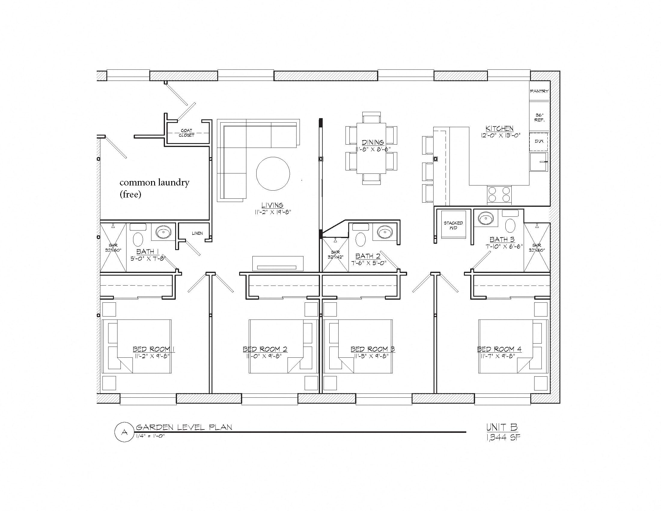 Floor plan for 4 beds, 3 baths, 1200 sqft